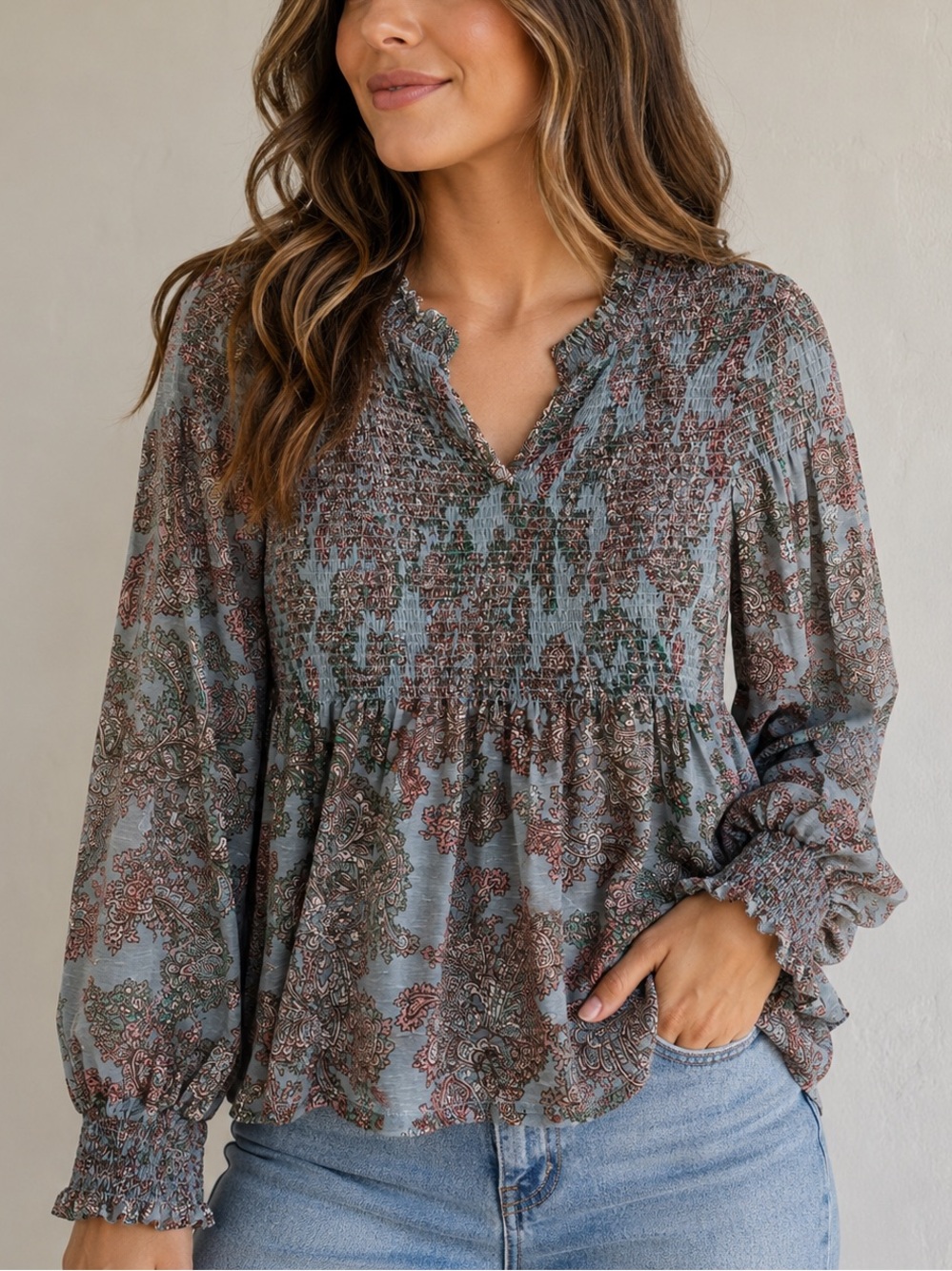 Akemi + Kin Anthropologie Adria Paisley Bohemian Flowy Blouse Shirt Top Blue